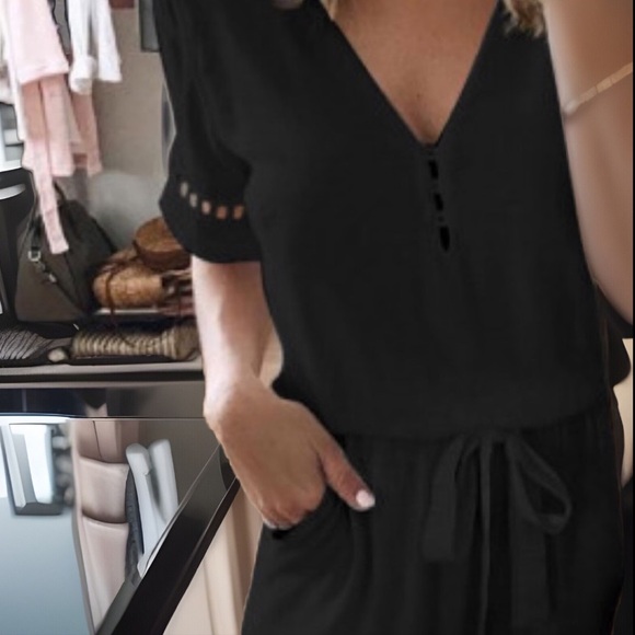 Formal Deep V Neck W/ Button Designs Elastic  Waist Belt W/ Pockets Black Romper - Picture 5 of 12